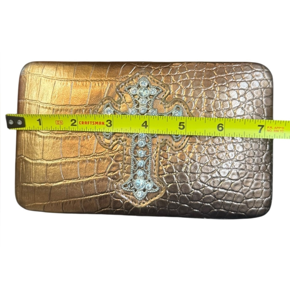Y2K Copper Colored Crocodile Embossed Wallet Clutch with Rhinestone Cross - Picture 4 of 6